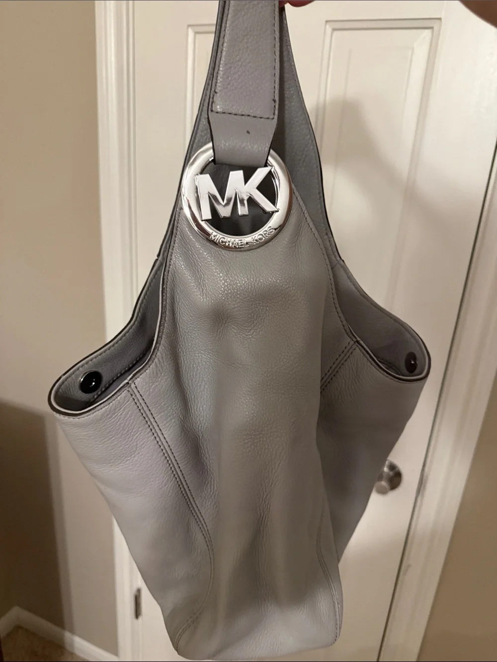 Michael Kors Light Gray Leather Hobo Bag with MK Emblem